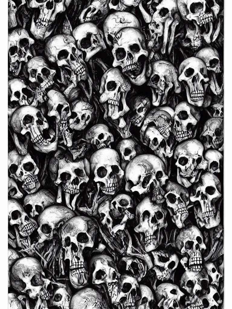 Prompt: Hyper-realistic black and white Valentine's Day card made of skulls and bones by H.R. Giger