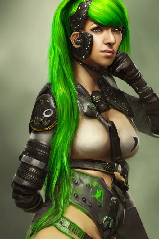 Image similar to female mercenary guard, bright green hair, pretty face, ultra detailed, digital art, 8k ,character ,realistic, portrait, hyperrealistic