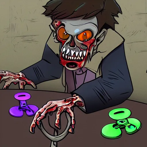 Prompt: a zombie discovering fidget spinners