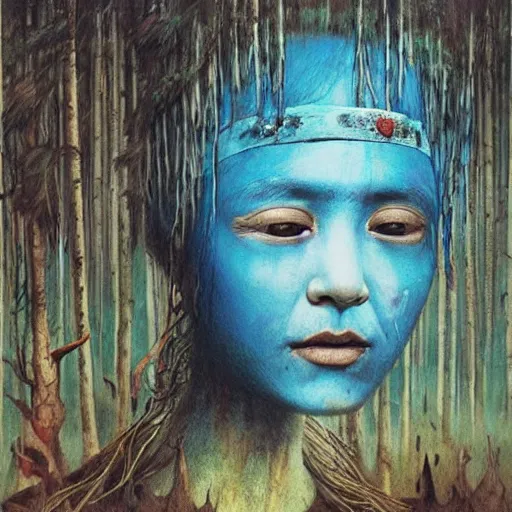 Image similar to A young blindfolded shaman woman with a decorated headband from which blood flows, blue hair and wood on her head. The background is a forest on fire, made by Esao Andrews and Karol Bak and Zdzislaw Beksinski