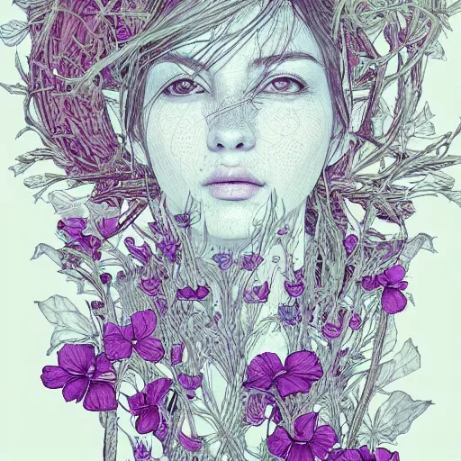 Image similar to the portrait of an incredibly beautiful woman made of potatoes roots and violets, an ultrafine detailed illustration by james jean, final fantasy, intricate linework, bright colors, behance contest winner, vanitas, angular, altermodern, unreal engine 5 highly rendered, global illumination, radiant light, detailed and intricate environment