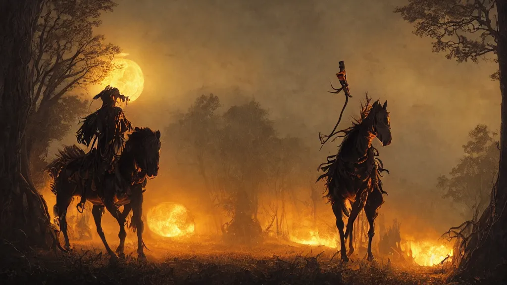 Image similar to a colonial rider!!!! with jack - o - lantern head on lone rampant!!! ( ( black horse ) ) with fiery eyes, background gnarled trees and large supermoon, in the styles of greg rutkowski, keith parkinson, and john quidor, intricate, detailed, volumetric lighting
