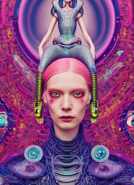 Prompt: pretty futuristic model with hallucination mushroom : : by martine johanna and simon stalenhag and chie yoshii and casey weldon and wlop : : ornate, dynamic, particulate, rich colors, intricate, elegant, highly detailed, vogue, harper's bazaar art, fashion magazine, smooth, sharp focus, 8 k, octane render,