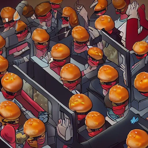 Image similar to people riot for getting macdonalds hamburgers. artstation, art surreal