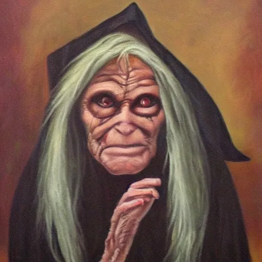 Image similar to creepy old cursed witch watching you sleep, eerie, haunted, oil painting