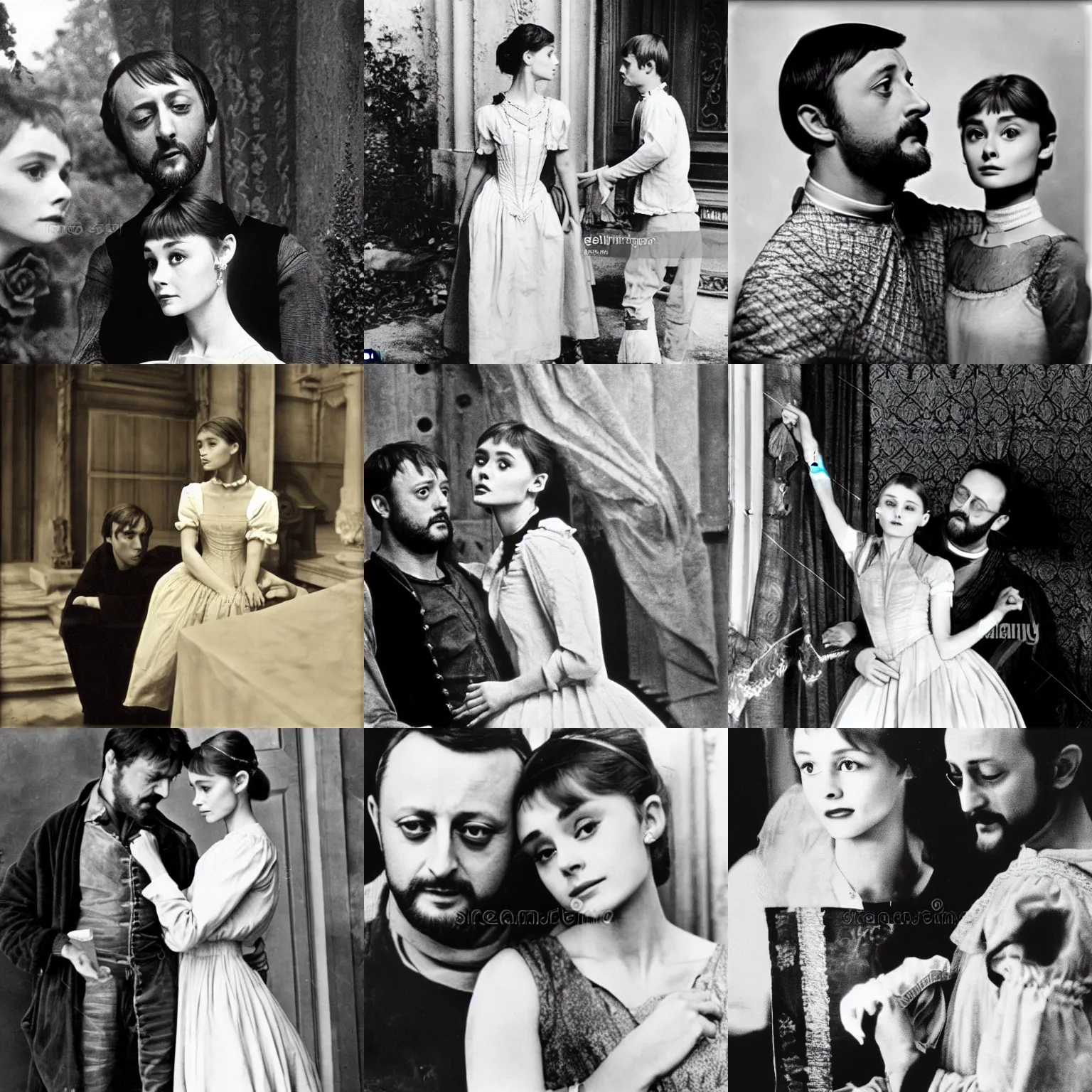 Prompt: juliet ( young audrey hepburn ) and romeo ( young jean reno ) in the 1 6 th century verone, awardwinning drama play stock photo by josef sudek