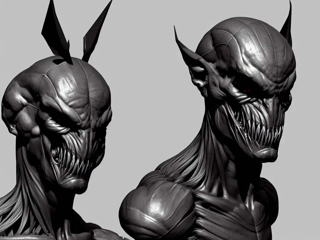 Image similar to game concept art, muscular, exoskeleton, chiroptera head, chiroptera ears, chiroptera nose, amphipoda, hyperrealism, fine detail, artstation, cgsociety, zbrush, no background