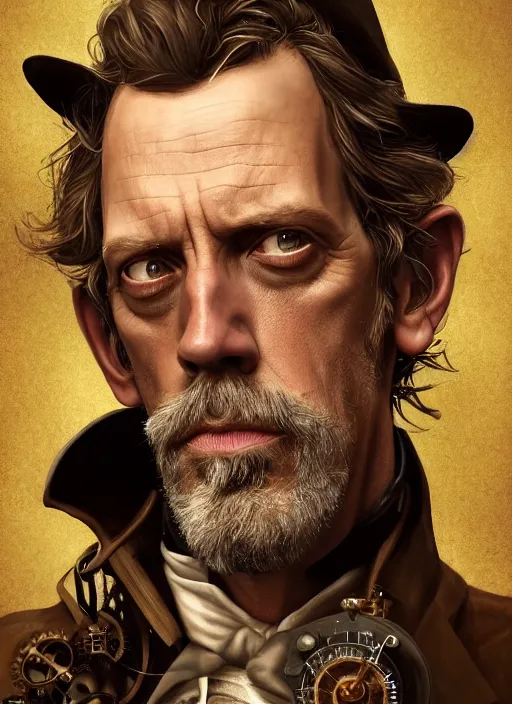 Image similar to steampunk portrait of hugh laurie, au naturel, hyper detailed, digital art, trending in artstation, cinematic lighting, studio quality, smooth render, unreal engine 5 rendered, octane rendered, art style by klimt and nixeu and ian sprigger and wlop and krenz cushart.