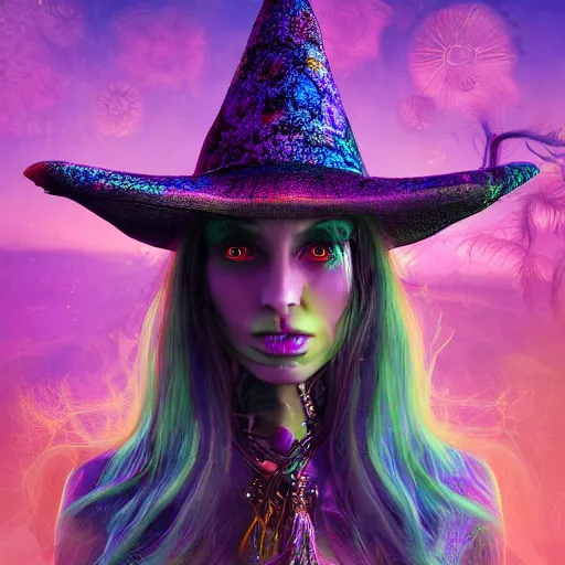 Prompt: psychadelic witch with a witch hat, hyper detailed, flowing psychadelic background intricate and detailed, 8 k, octane render