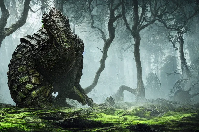 Image similar to a giant crocodile covered in moss with trees on its back approaching a city, dark souls inspired, elden ring inspired, octane render, rtx, unreal engine 5, digital painting, trending on artstation, highly detailed, epic composition, 8 k uhd