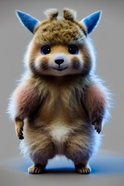 Image similar to high quality 3 d render hyperrealist very cute multicolor fluffy! cyborg!!! quokka hybrid, highly detailed body tech wires, vray smooth, in the style of detective pikachu, hannah yata charlie immer, dramatic blue light, low angle, uhd 8 k, sharp focus