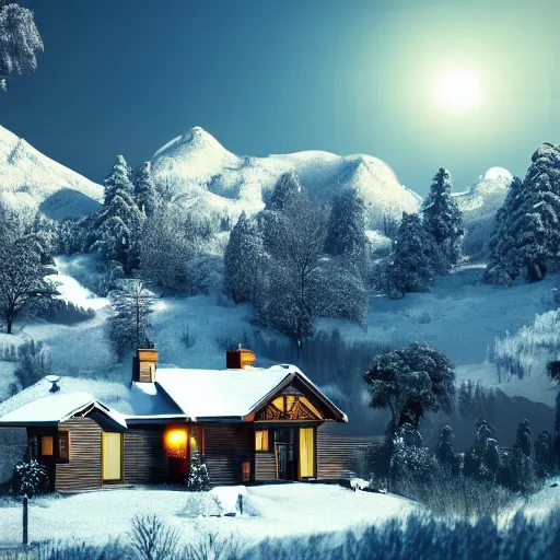 Prompt: a photo of a landscape of a house with views on snowy mountains, high detailed, hyper realistic, art station, 4k, 8k