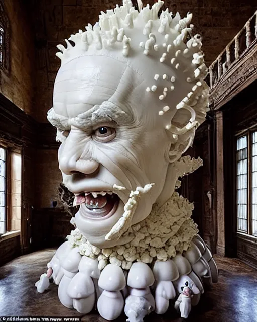 Prompt: a massive porcelain sculpture in a medieval castle of super mario spewing mushrooms from his mouth, in the style of johnson tsang, funny sculpture, lucid dream series