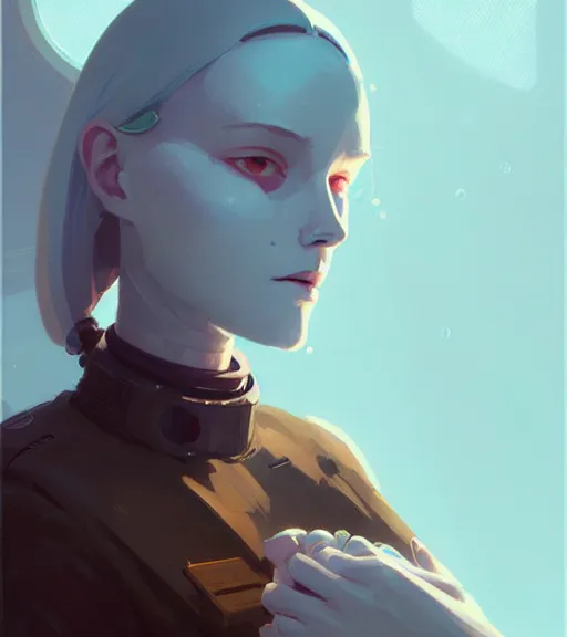 Image similar to portrait of a female android with a human heart by atey ghailan, by greg rutkowski, by greg tocchini, by james gilleard, by joe fenton, by kaethe butcher, dynamic lighting, gradient light blue, brown, blonde cream and white color scheme, grunge aesthetic