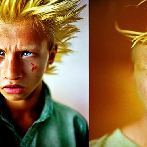 Prompt: super sayian, high resolution, closeup by steve mccurry