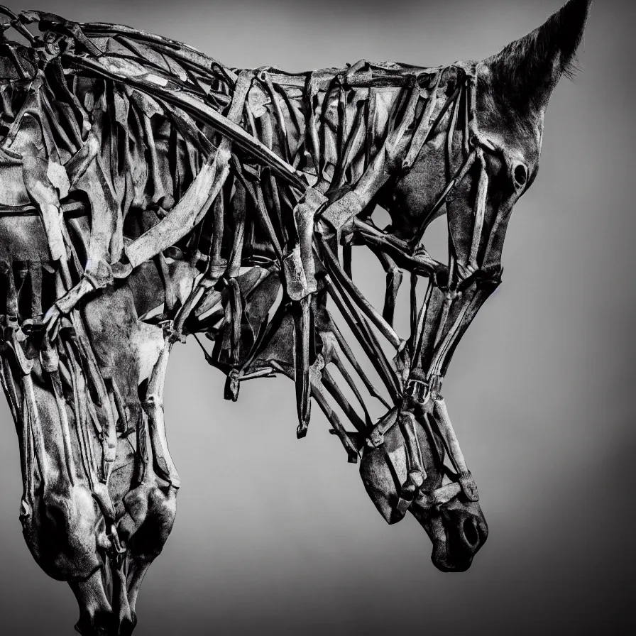 Image similar to skeleton of a horse in a dark veil, dark and mysterious, stopped in time, atmospheric, ominous, eerie, cinematic, epic, 8 k, 4 k, ultra detail, ultra realistic