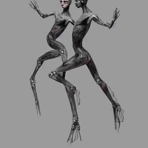 Image similar to Two elegant humanoid creatures fused at the shoulders dancing on their pointy limbs, high quality digital art, trending on ArtStation