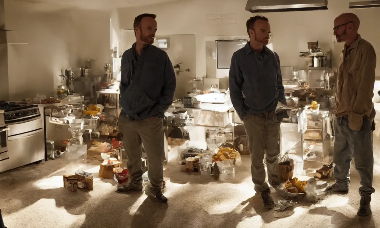 Prompt: a jesse pinkman cook gus for walter white, a still shot from breakingbad
