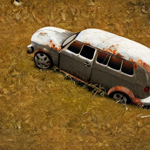 Prompt: Lowpoly isometric render of a rusty overgrown Volkswagen Golf, postapocalyptic, white background