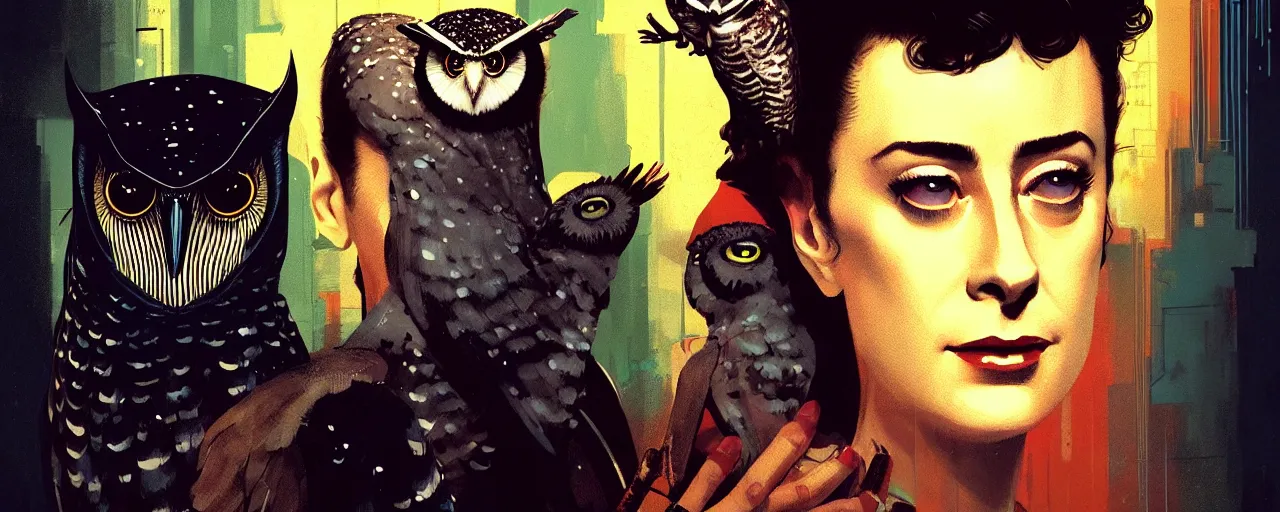 Image similar to duotone concept illustration 3 / 4 portrait of sean young as rachael from blade runner 1 9 8 2 with owl in the background. cinematic volumentric lighting. golden ratio tech noir by sachin teng and sergey kolesov and ruan jia and heng z. graffiti art, scifi, fantasy, hyper detailed. octane render. concept art. trending on artstation