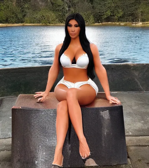 Image similar to candid photo of kim kardashian wearing a hooters outfit sitting by a lake