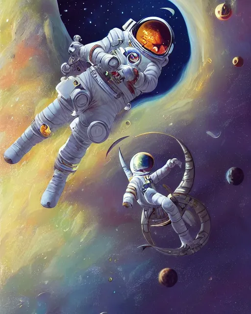 Image similar to wefie of caricature ethereal intricate cosmonaut lie relaxed on a crescent moon between the stars and the planets in outer space, cosmonaut post grunge concept art,high detail,4k, trending on artstation by Yoshitaka Amano, josan gonzalez and tyler edlin