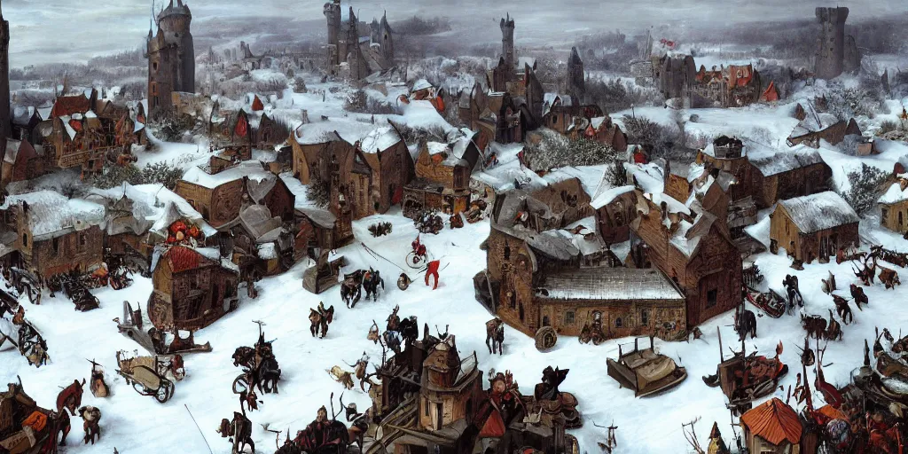 Image similar to RTS gameplay third person in style of Brueghel paintings, painting, Stronghold strategy gameplay, high detailed,dark fantasy, dark tones, medieval, snow, buildings, castle, armored units, cavalry,RPG, high detailed, contrast, octane render,mill, farm, creative