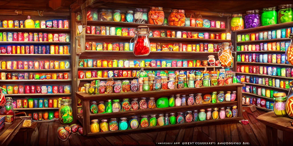 Image similar to Inside an old sweet shop, large jars on shelves, beautiful labels, fantasy vendor interior, wide angle, cinematic, highly detailed, photorealistic, rich bright colors, trending on artstation