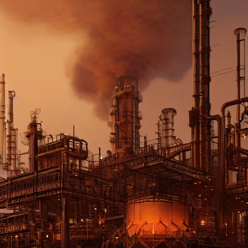 Image similar to a steampunk oil refinery in the desert that is on fire, shrouded in fog, highly detailed, 8k, sharp focus, trending on artstation