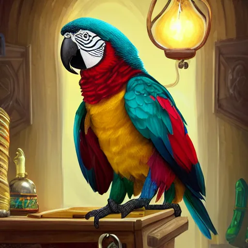 Prompt: Anthropomorphized parrot trader in his shop, selling a gem, portrait, items, magic potions, carpet, window, fancy hat, sly expression , cunning expression, cute expression, presenting magic gem, D&D, fantasy, cinematic lighting, highly detailed, digital painting, artstation, concept art, smooth, sharp focus, illustration, warm light, cozy warm tint, magic the gathering artwork, volumetric lighting, 8k, art by Akihiko Yoshida, Greg Rutkowski