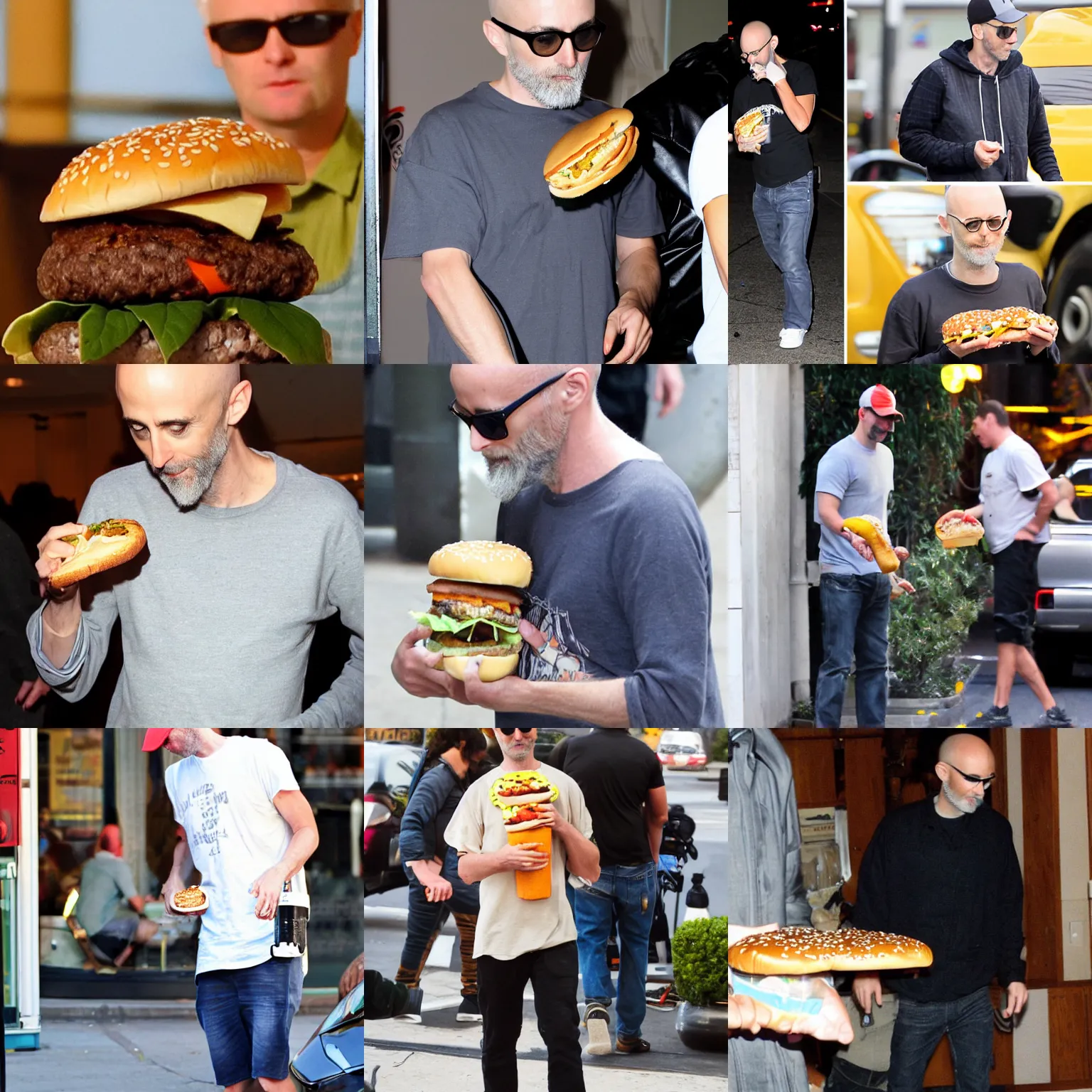 Prompt: paparazzi photo of Moby eating a cheeseburger