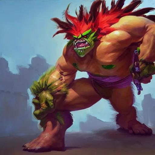 Image similar to greg manchess portrait painting of partially armored blanka from street fighter as overwatch character, medium shot, asymmetrical, profile picture, organic painting, sunny day, matte painting, bold shapes, hard edges, street art, trending on artstation, by huang guangjian and gil elvgren and gerald brom