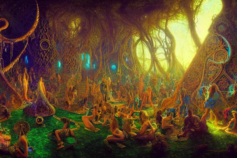 Prompt: a beautiful and highly detailed digital painting of a a psytrance party in another dimension, psychedelic, celtic, intricate details, epic scale, insanely complex, 8 k, sharp focus, photorealism, artstation, cgsociety, by caspar friedrich, albert bierstadt, james gurney, brian froud,