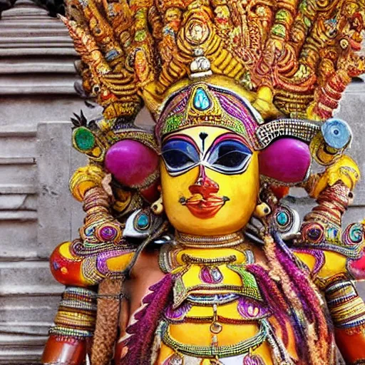 Image similar to a woman wearing an armor and head - dress. the armor and head - dress is made out of the colors, textures and sculptures of the meenakshi temple in madurai. intricate. detailed.