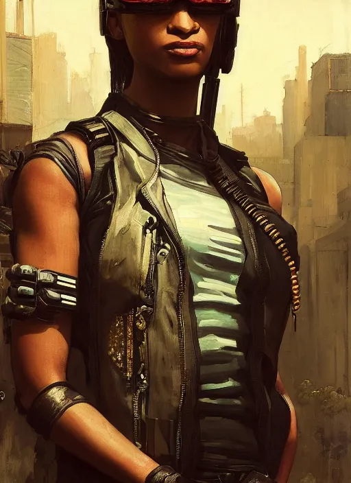 Image similar to maria igwe. cyberpunk mercenary wearing a military vest and combat jumpsuit. (Cyberpunk 2077, bladerunner 2049). Iranian orientalist portrait by john william waterhouse and Edwin Longsden Long and Theodore Ralli and Nasreddine Dinet, oil on canvas. Cinematic, vivid colors, hyper realism, realistic proportions, dramatic lighting, high detail 4k