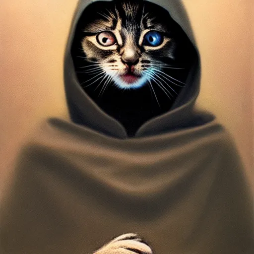 Image similar to a portrait of a kitten wearing a black hood, cloak covering face, anatomically correct, beautiful perfect face, enigmatic, oil painting, matte, black background, Volumetric dynamic lighting, Highly Detailed, Cinematic Lighting, Unreal Engine, 8k, HD, by Beksinski