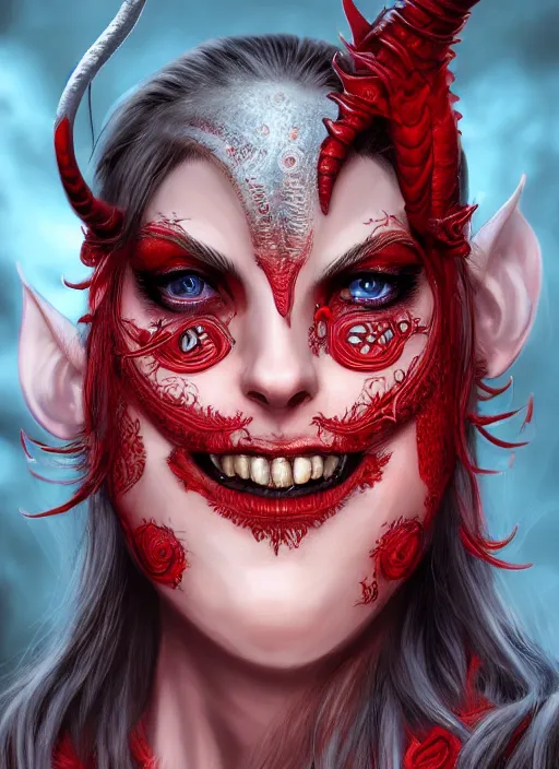 Image similar to red skin, Tiefling , smiling, beautiful detailed eyes, cute, fantasy, intricate, elegant, highly detailed, digital painting, 4k, HDR, concept art, detailed jewelry, smooth, sharp focus, illustration, by Wayne Reynolds