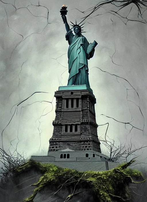 Image similar to hyper detailed painting of the statue of liberty; cracked, decaying, covered in moss and vines; thunderstorm; moody cinematic lighting, painted by Greg Rukowtski, trending on Artstation