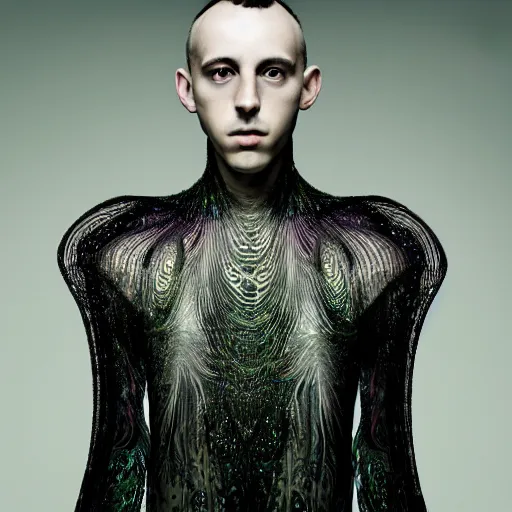 Prompt: a portrait of the most beautiful young men wearing a translucide iridiscent veil designed by iris van herpen, photographed by erwin olaf