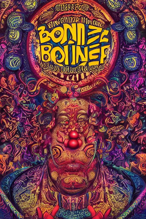Prompt: Flowing lettering that says The Bozone, Fillmore concert poster for The Bozone by Robert Crumb, by Victor Moscoso, by Wes Wilson, , black light velvet poster, intricate paisley filigree, Bozo the clown. Clown motif, Shiny bulbous red clown nose at the center of an infinite fractal mandala tunnel of clowns, Unreal Engine, Cryengine, Artstation