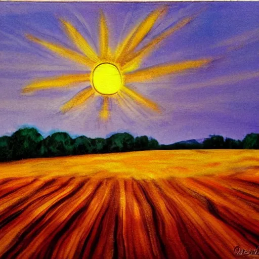 Prompt: a landscape of fields and the sun going down art by Criswell Debbie