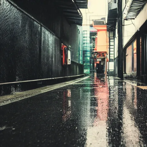 Image similar to a rainy cyuberpunk neo tokyo alley with a black cat sleeping on the wet floor, photo, 4 k