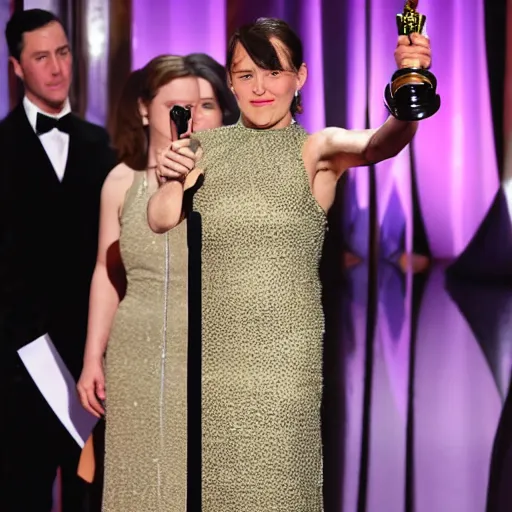 Image similar to an actress giving academy awards acceptance speech in the spotlight on the stage