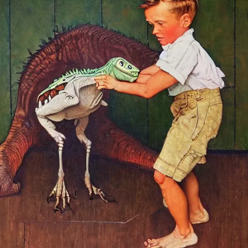 Image similar to a Norman Rockwell painting of a boy and his dinosaur velociraptor