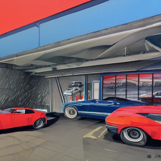 Image similar to detailed details photorealistic pictures of car garage in the style of bob peak and alex ross, gouache and wash paints color, detailed details object proportionate, detailed 5 k details.