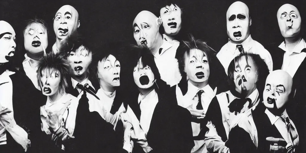 Prompt: coneheads jpop band, 1980s surrealism aesthetic, detailed facial expressions