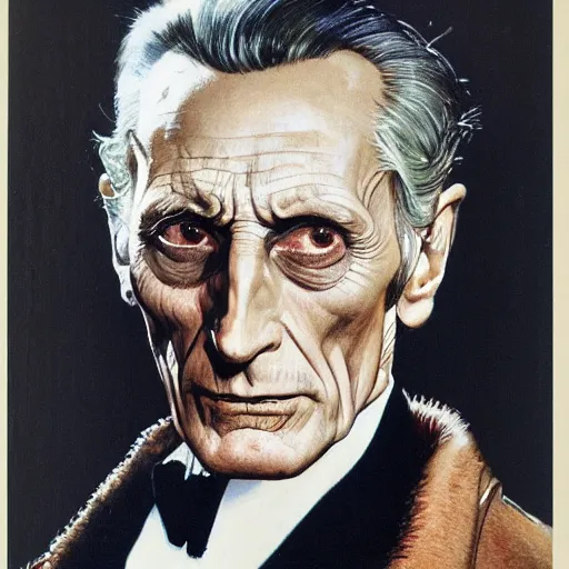 Image similar to Frontal portrait of Peter Cushing. A portrait by Norman Rockwell.