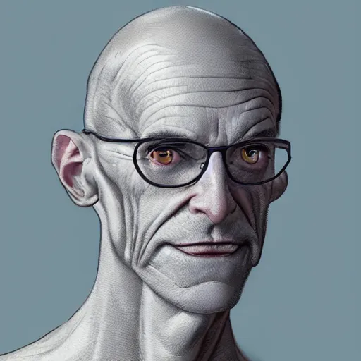 Image similar to A middle-aged Dr. Venture in real life with a hooked nose, a long gaunt face and skinny body and neck, very thin and bald, realistic, very realistic, hyperrealistic, highly detailed, very detailed, extremely detailed, detailed, digital art, oil painting, trending on artstation, headshot and bodyshot, detailed face, very detailed face, extremely detailed face, HD Quality, 8k resolution, very very detailed face, real life