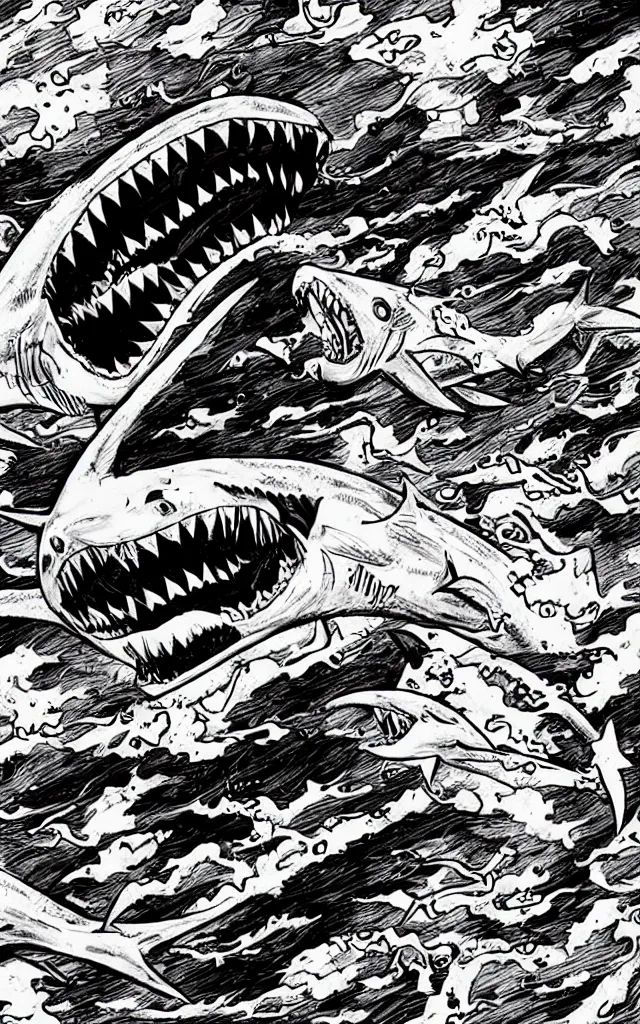 Image similar to Sharknado in the style of junji ito, horror, manga, shark, complex