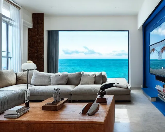 Image similar to A modern living room inspired by the ocean, a luxurious wooden coffee table with large seashells on it, 100 inch television, amazing detail, 8k resolution, blue color, calm, relaxed style, harmony, wide angle shot